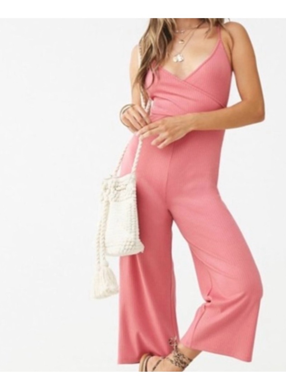 Forever 21 Rose Pink Ribbed V-Neck Wide-Leg Jumpsuit